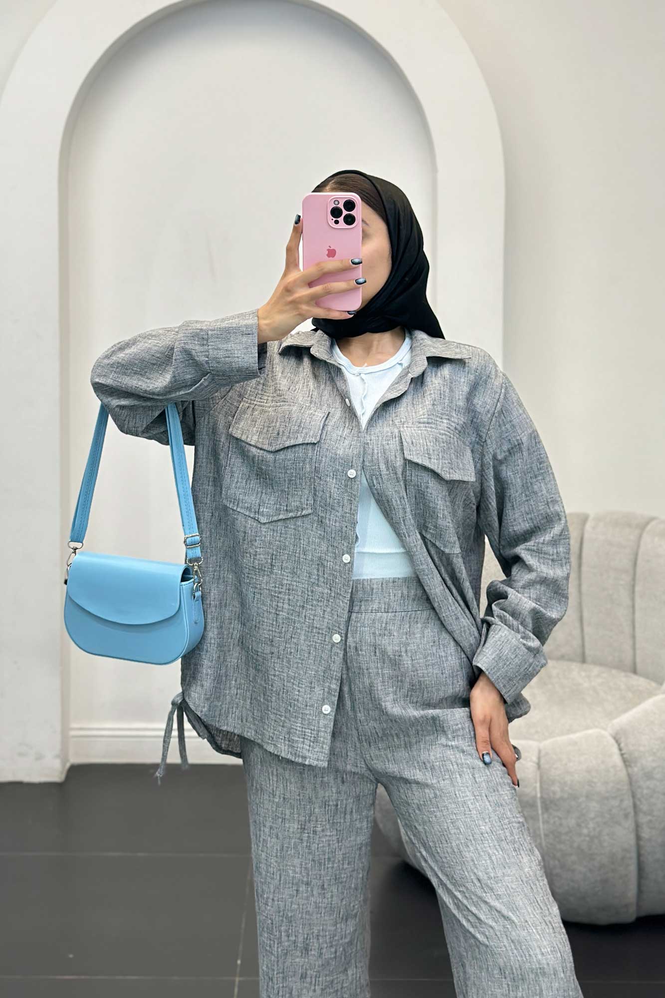 ست مانتو و شلوار شانتون برفکی بغل بنددار