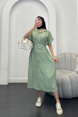 پیراهن شانتون برفکی کمرگت دار آستین کوتاه