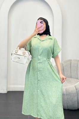 پیراهن شانتون برفکی کمرگت دار آستین کوتاه