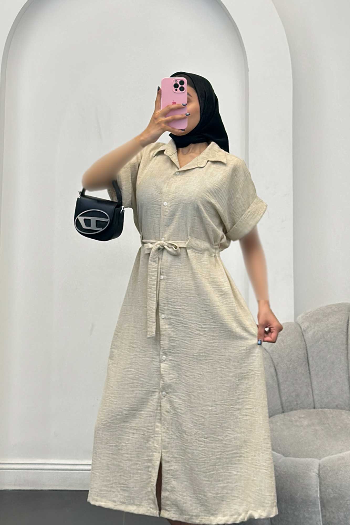 پیراهن شانتون برفکی کمرگت دار آستین کوتاه