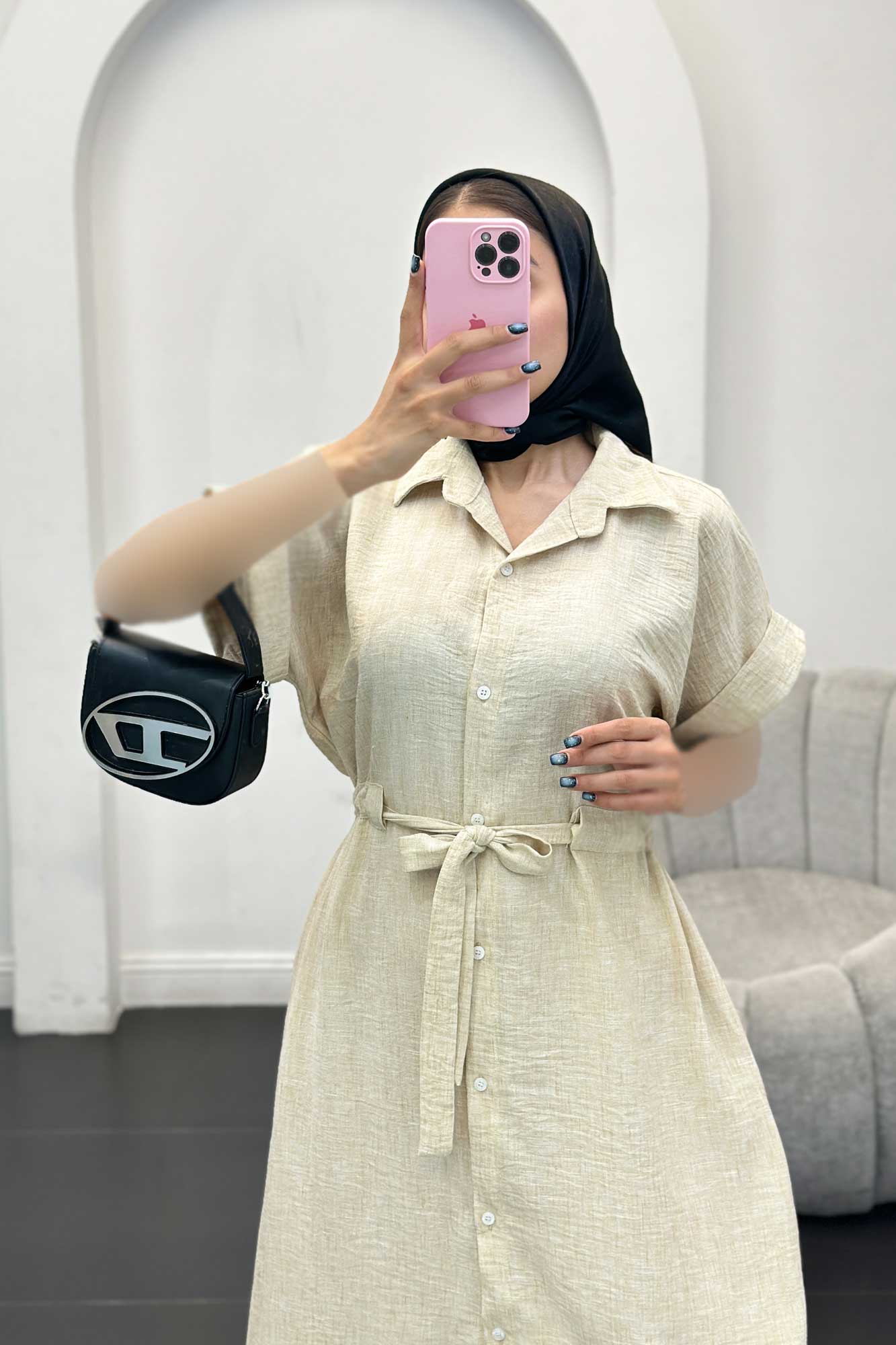 پیراهن شانتون برفکی کمرگت دار آستین کوتاه