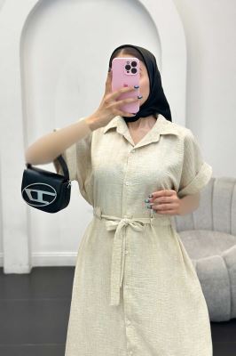 پیراهن شانتون برفکی کمرگت دار آستین کوتاه