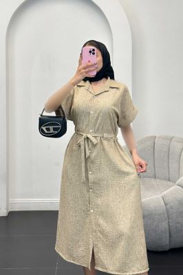 پیراهن شانتون برفکی کمرگت دار آستین کوتاه