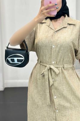 پیراهن شانتون برفکی کمرگت دار آستین کوتاه