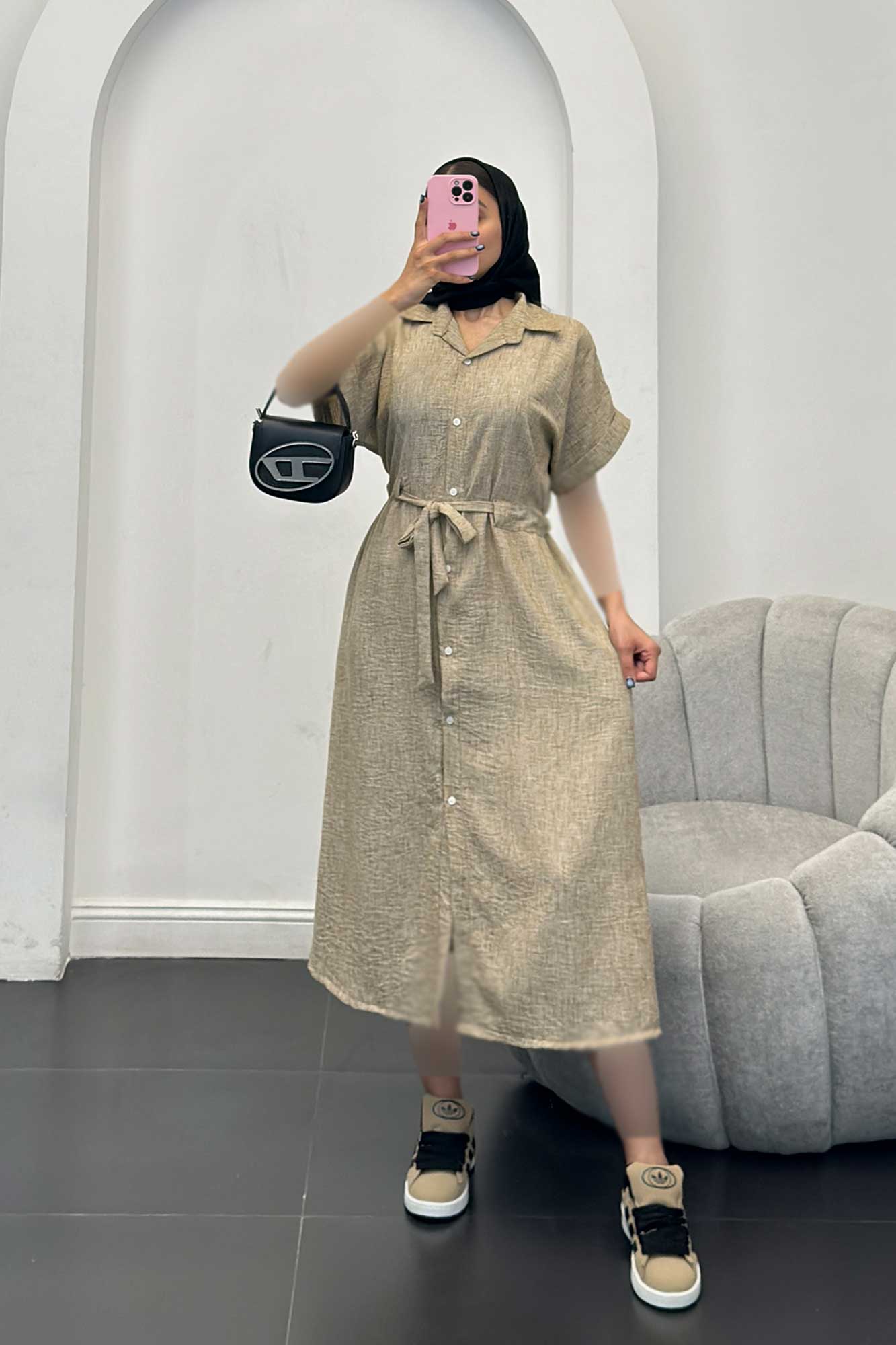 پیراهن شانتون برفکی کمرگت دار آستین کوتاه