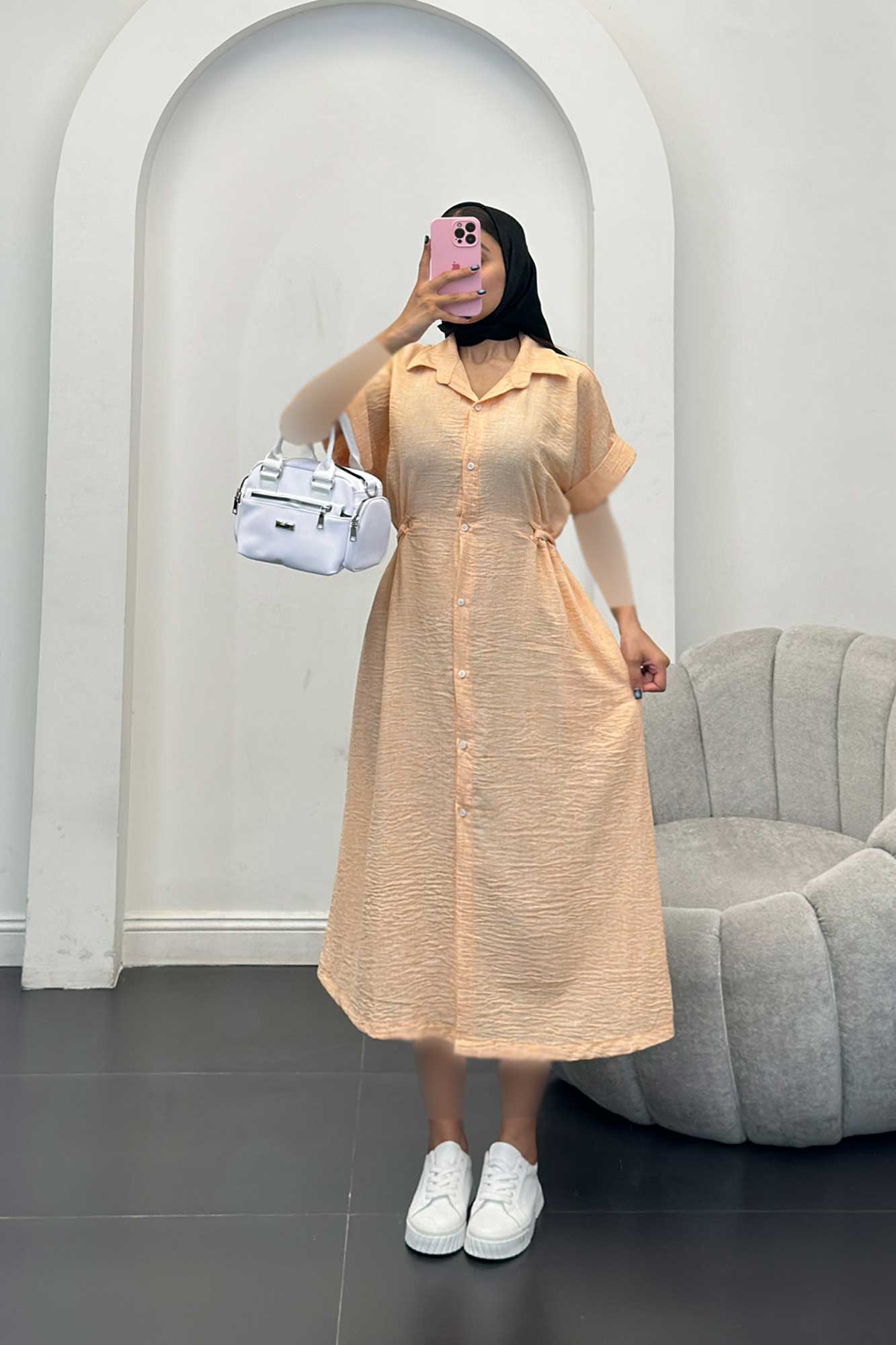 پیراهن شانتون برفکی کمرگت دار آستین کوتاه