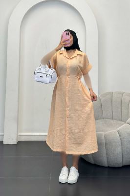 پیراهن شانتون برفکی کمرگت دار آستین کوتاه