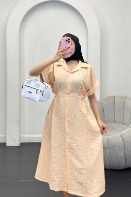 پیراهن شانتون برفکی کمرگت دار آستین کوتاه