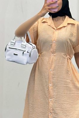 پیراهن شانتون برفکی کمرگت دار آستین کوتاه