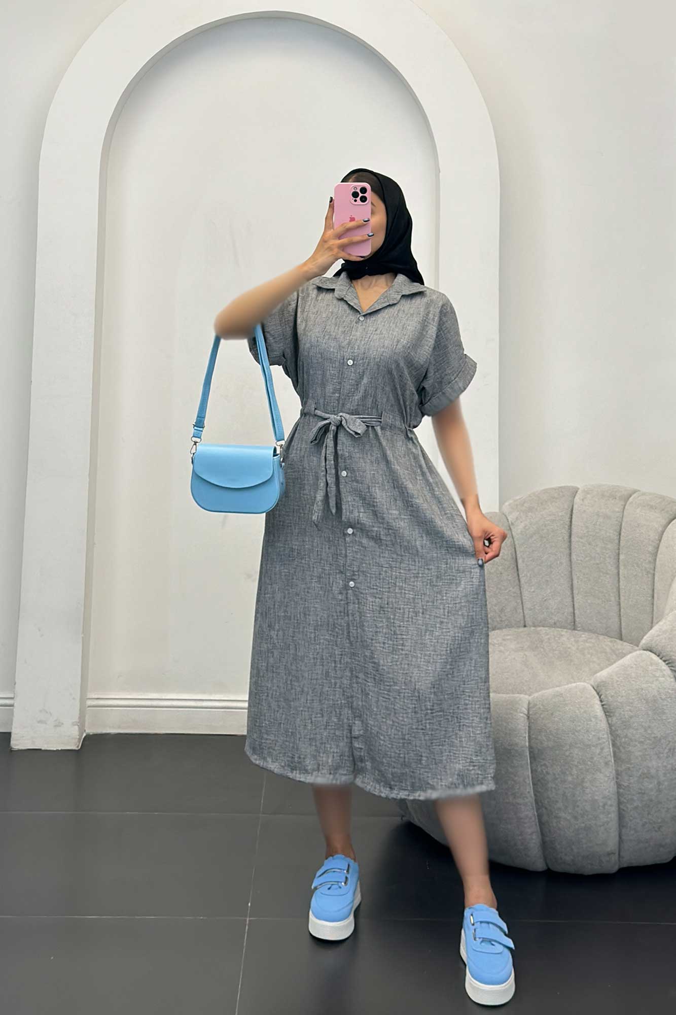 پیراهن شانتون برفکی کمرگت دار آستین کوتاه