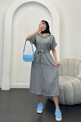 پیراهن شانتون برفکی کمرگت دار آستین کوتاه