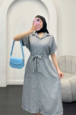 پیراهن شانتون برفکی کمرگت دار آستین کوتاه