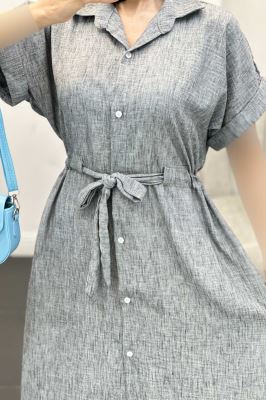 پیراهن شانتون برفکی کمرگت دار آستین کوتاه