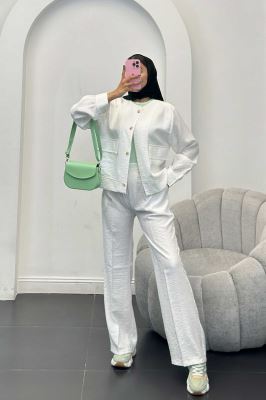 ست مانتو و شلوار کریشه یقه گرد لیماک