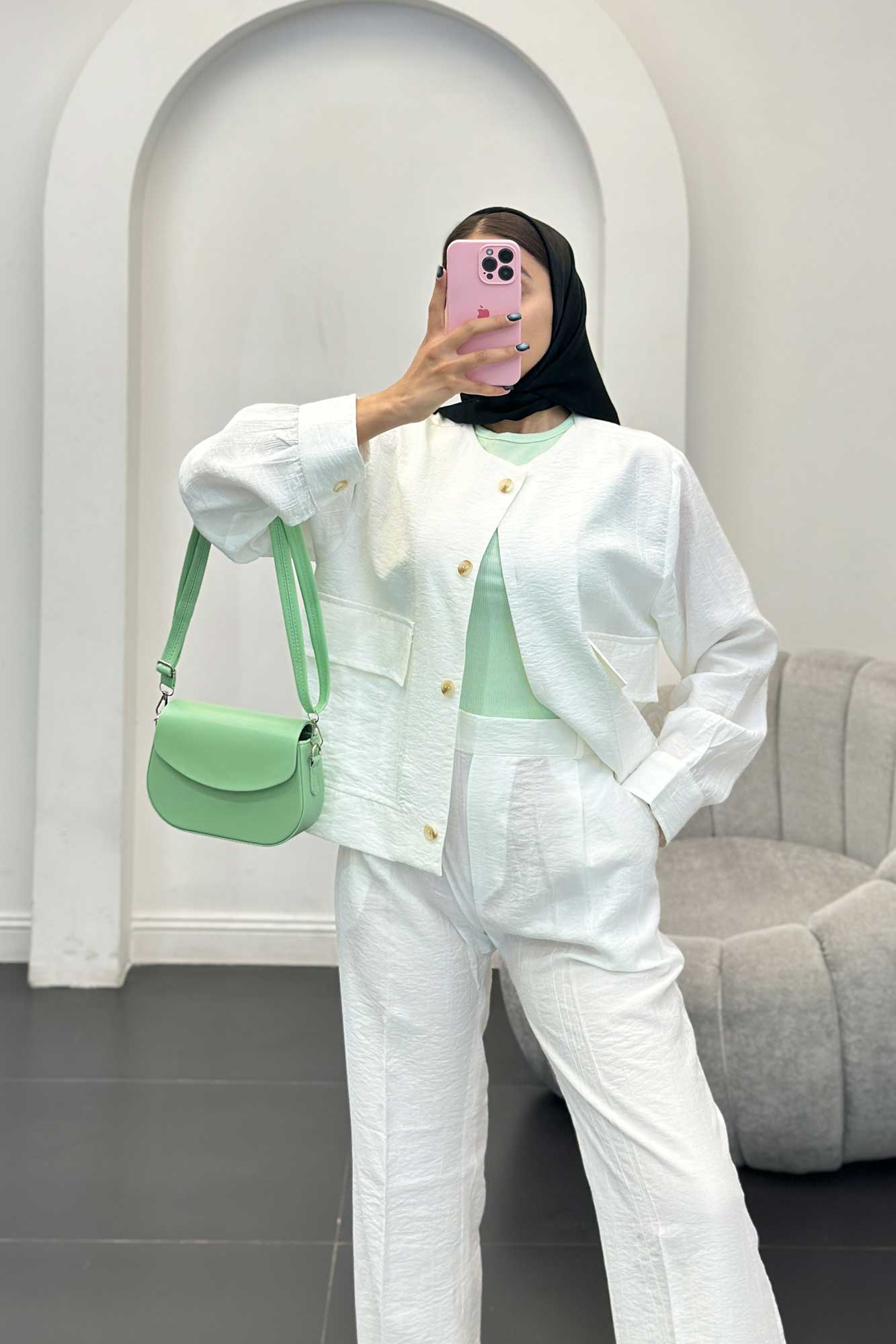 ست مانتو و شلوار کریشه یقه گرد لیماک