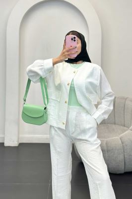 ست مانتو و شلوار کریشه یقه گرد لیماک