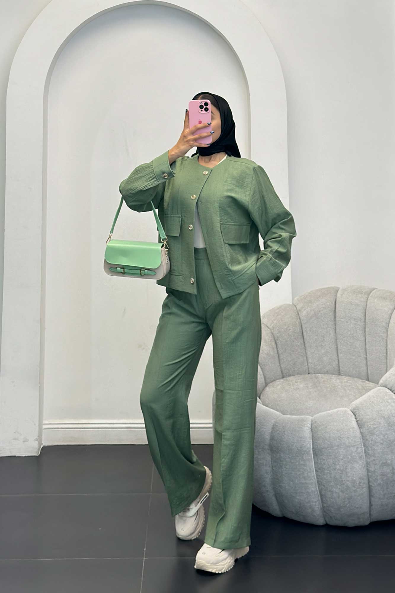 ست مانتو و شلوار کریشه یقه گرد لیماک