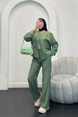 ست مانتو و شلوار کریشه یقه گرد لیماک