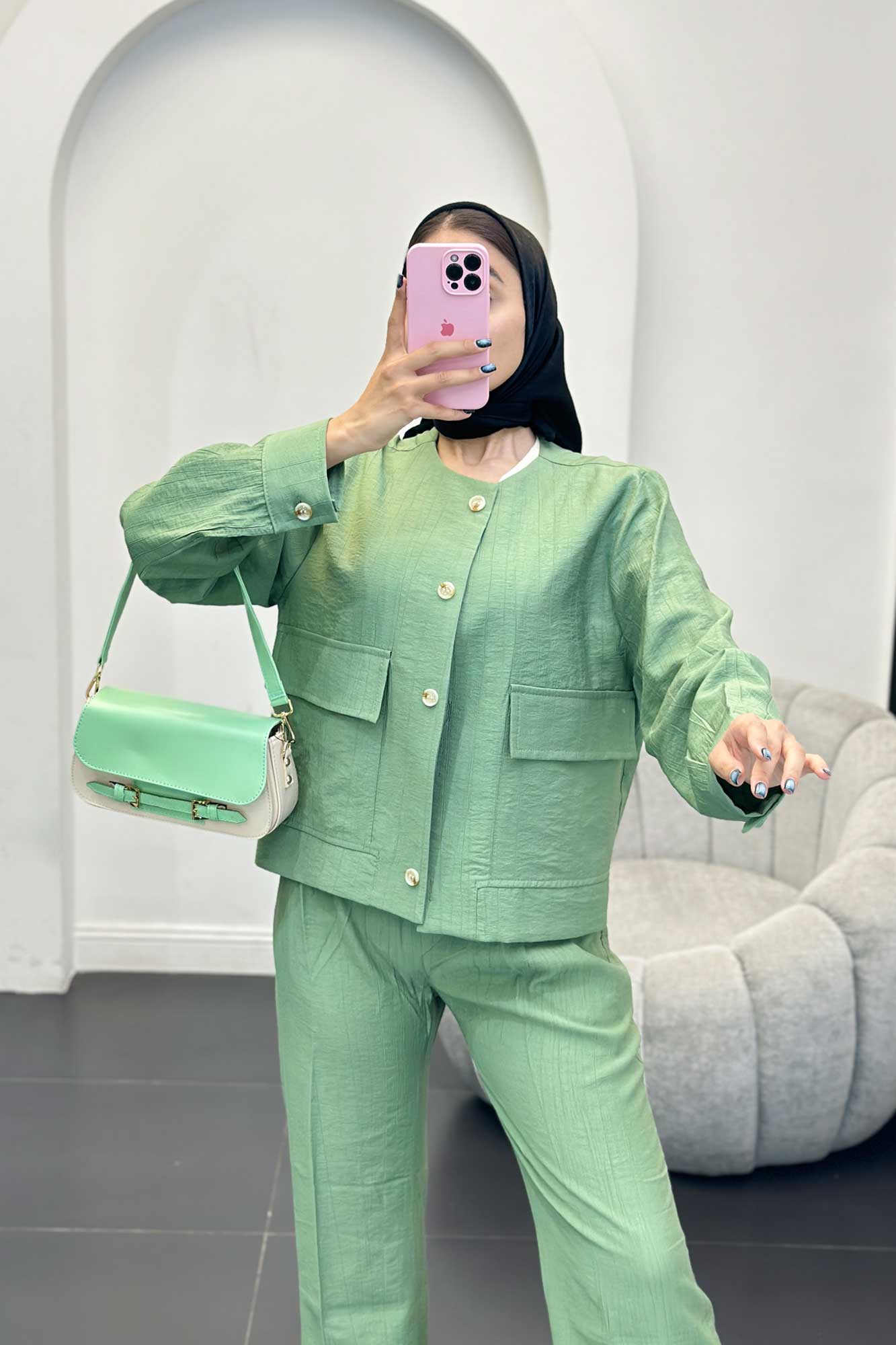 ست مانتو و شلوار کریشه یقه گرد لیماک