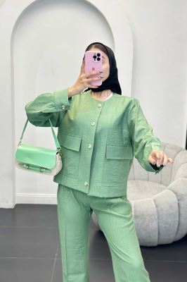 ست مانتو و شلوار کریشه یقه گرد لیماک