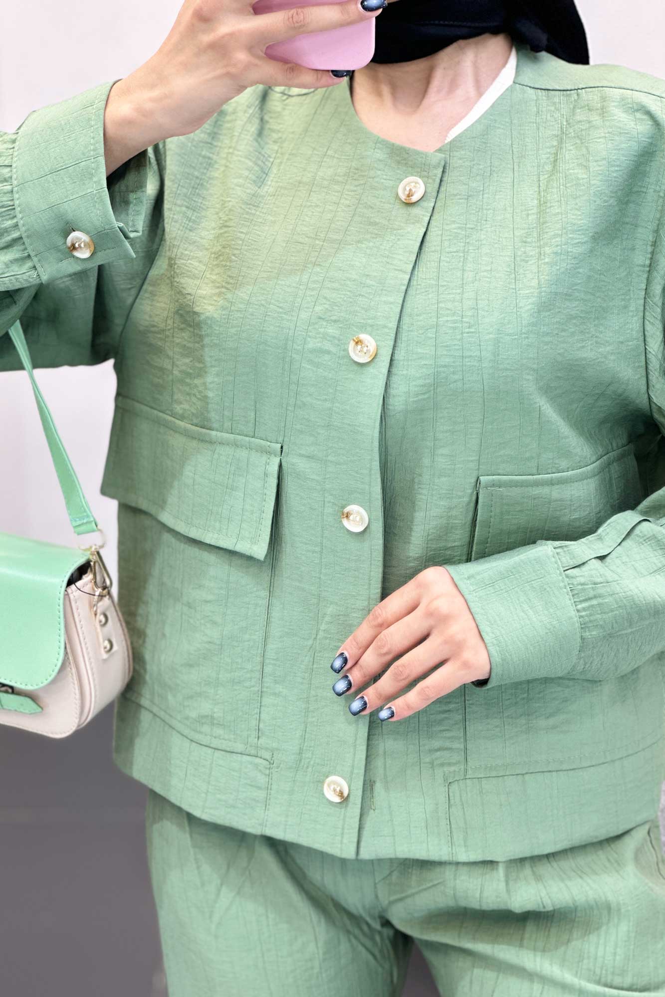 ست مانتو و شلوار کریشه یقه گرد لیماک