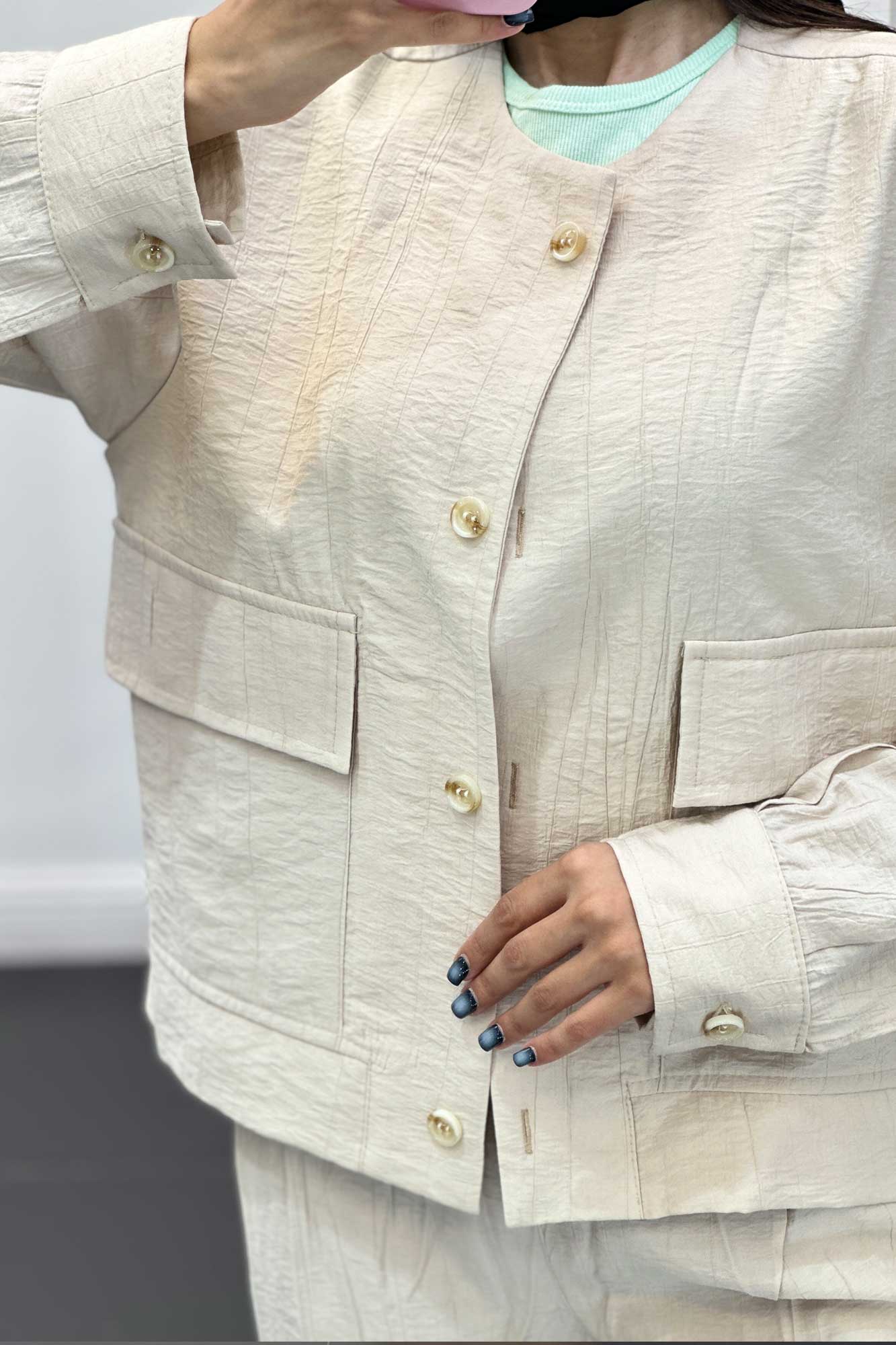 ست مانتو و شلوار کریشه یقه گرد لیماک