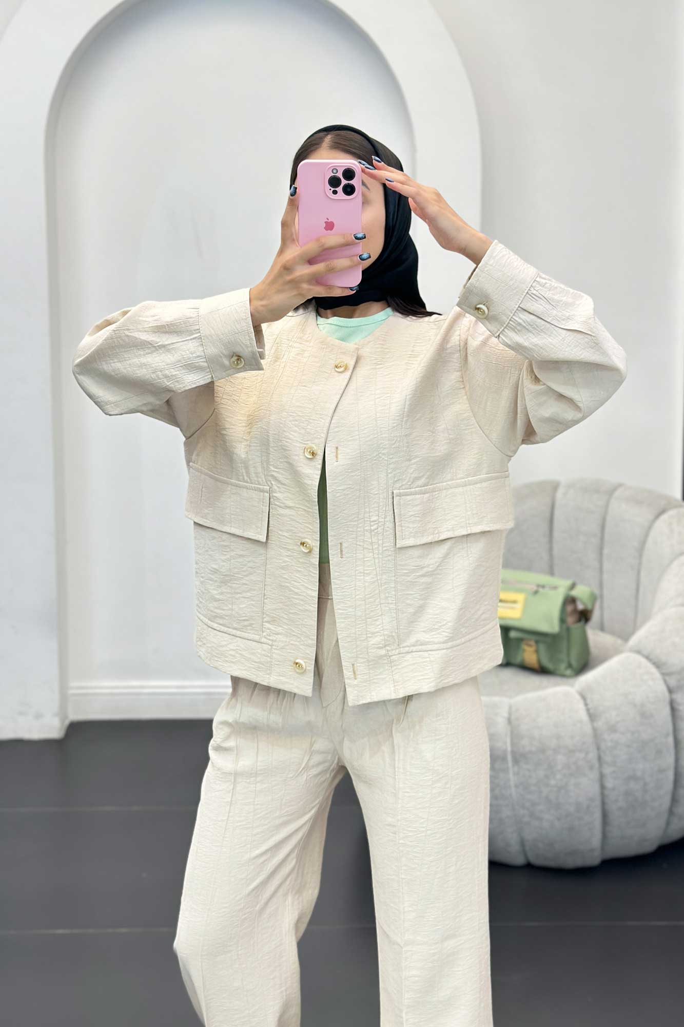 ست مانتو و شلوار کریشه یقه گرد لیماک