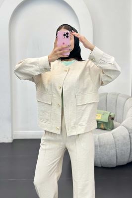 ست مانتو و شلوار کریشه یقه گرد لیماک