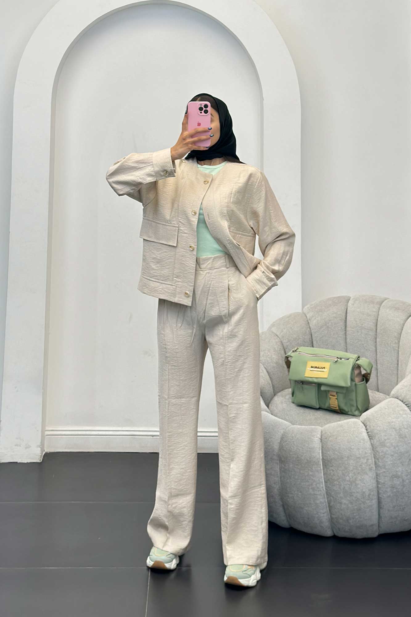 ست مانتو و شلوار کریشه یقه گرد لیماک