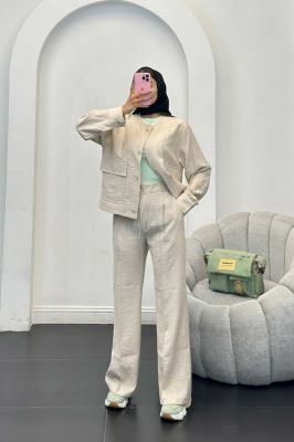 ست مانتو و شلوار کریشه یقه گرد لیماک