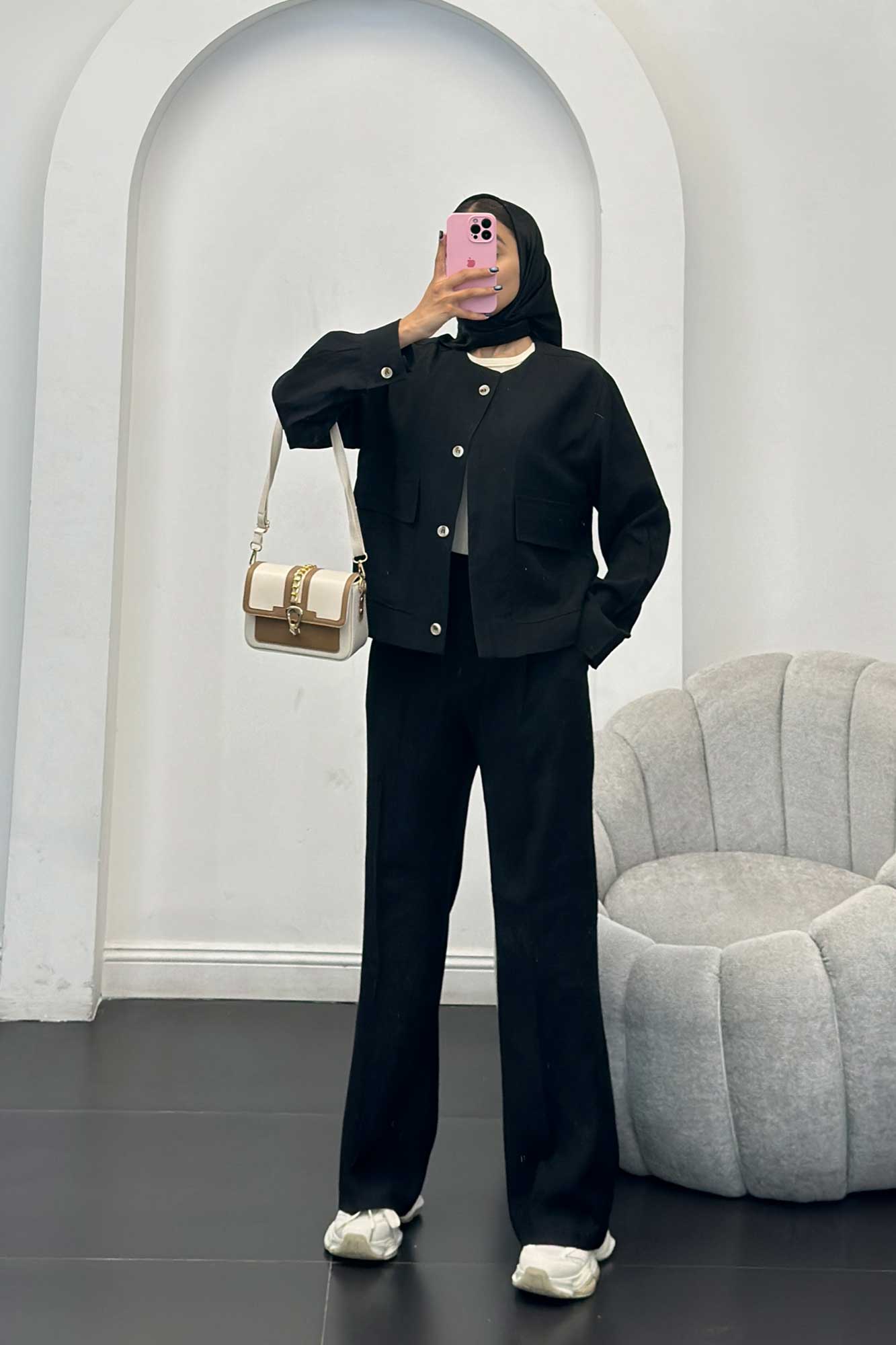 ست مانتو و شلوار کریشه یقه گرد لیماک