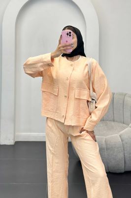 ست مانتو و شلوار کریشه یقه گرد لیماک