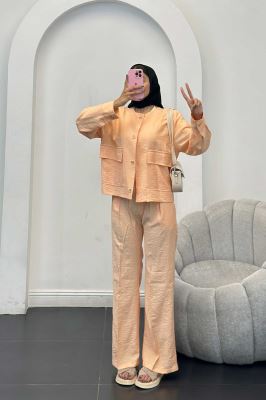 ست مانتو و شلوار کریشه یقه گرد لیماک