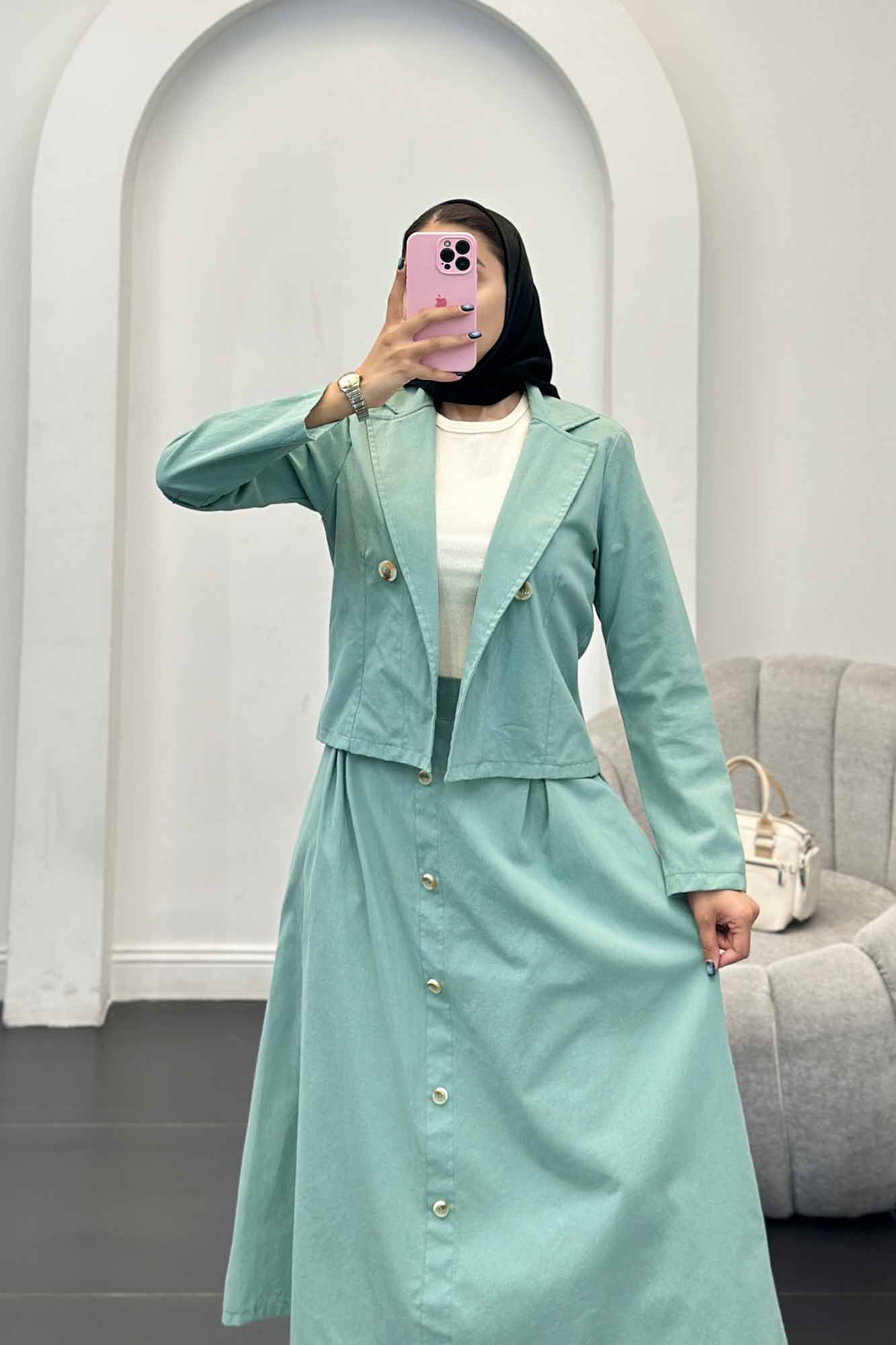 ست کت و دامن لینن تمام دکمه ویرا