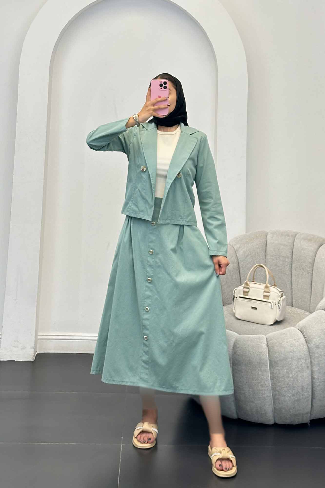 ست کت و دامن لینن تمام دکمه ویرا