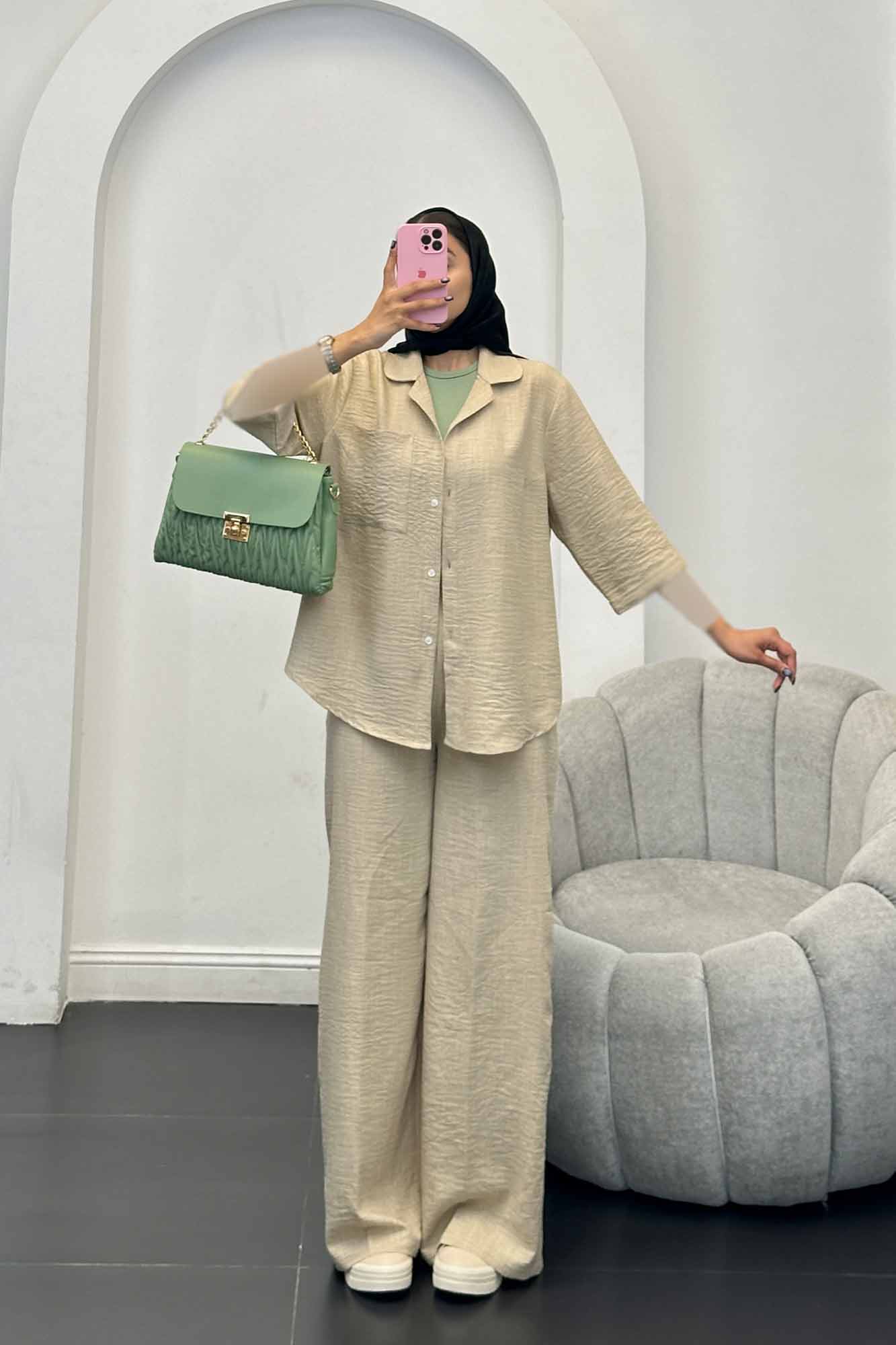 ست مانتو و شلوار شانتون آستین سه رب آرتا