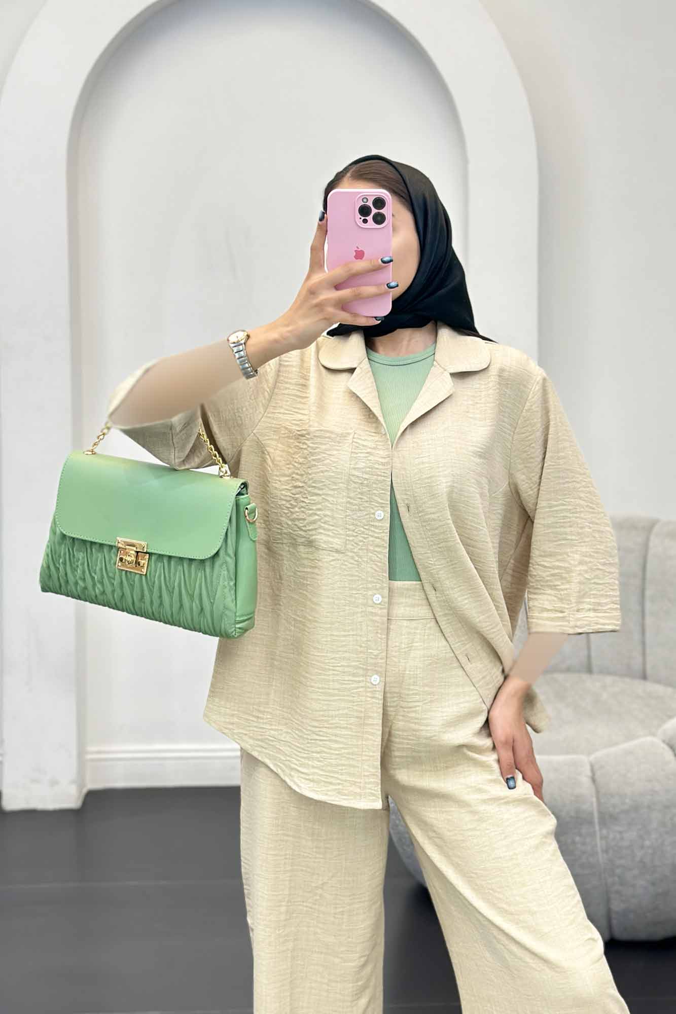 ست مانتو و شلوار شانتون آستین سه رب آرتا