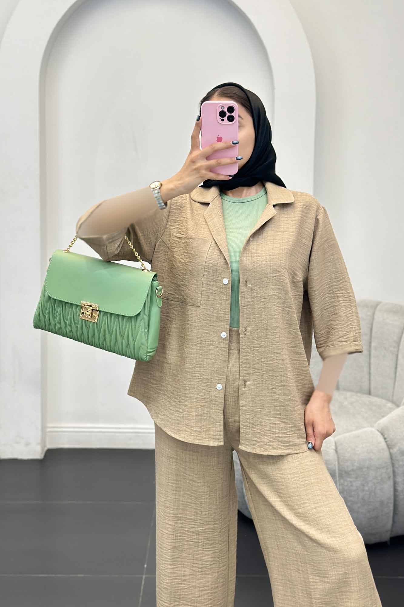 ست مانتو و شلوار شانتون آستین سه رب آرتا