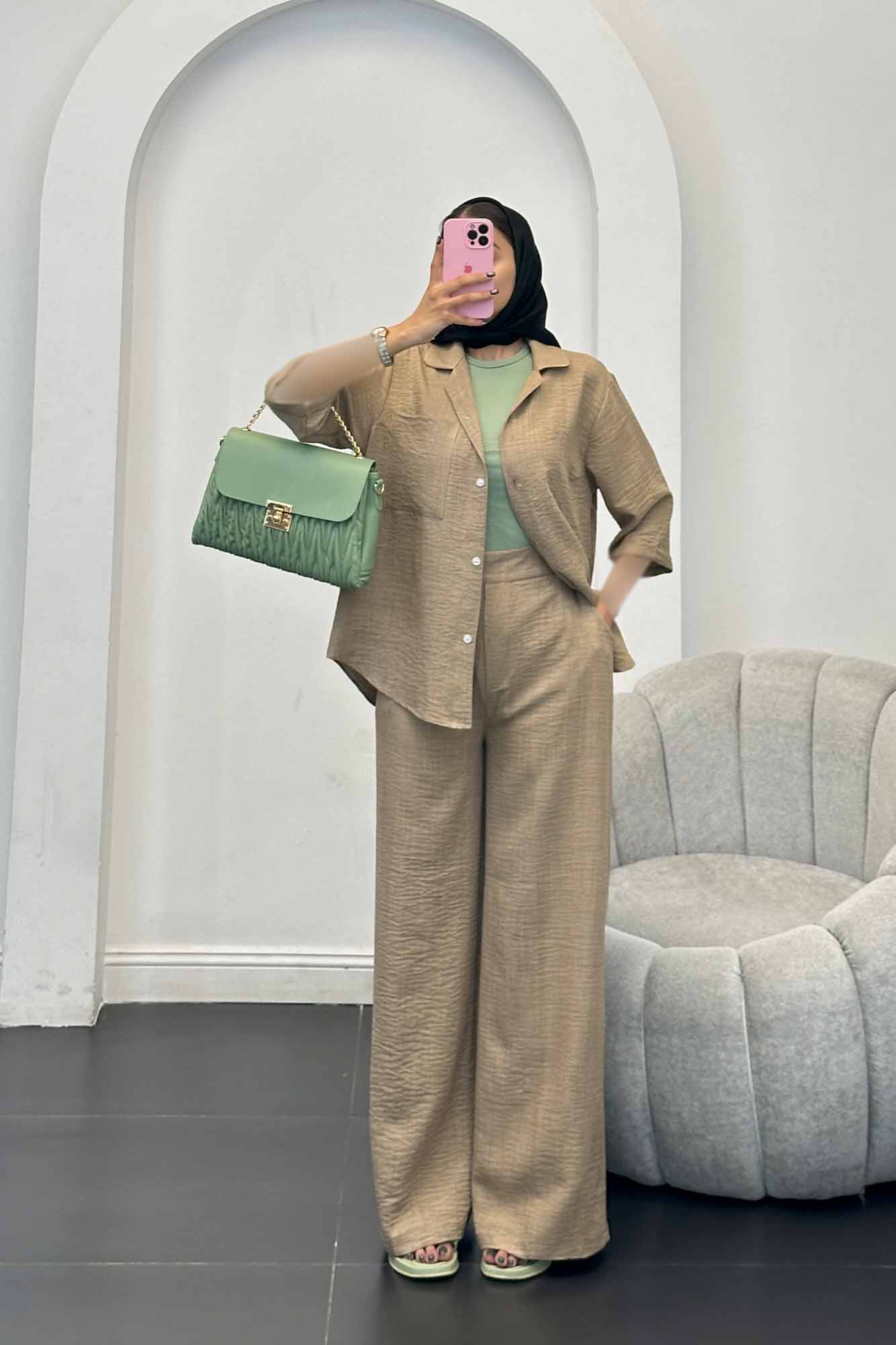 ست مانتو و شلوار شانتون آستین سه رب آرتا