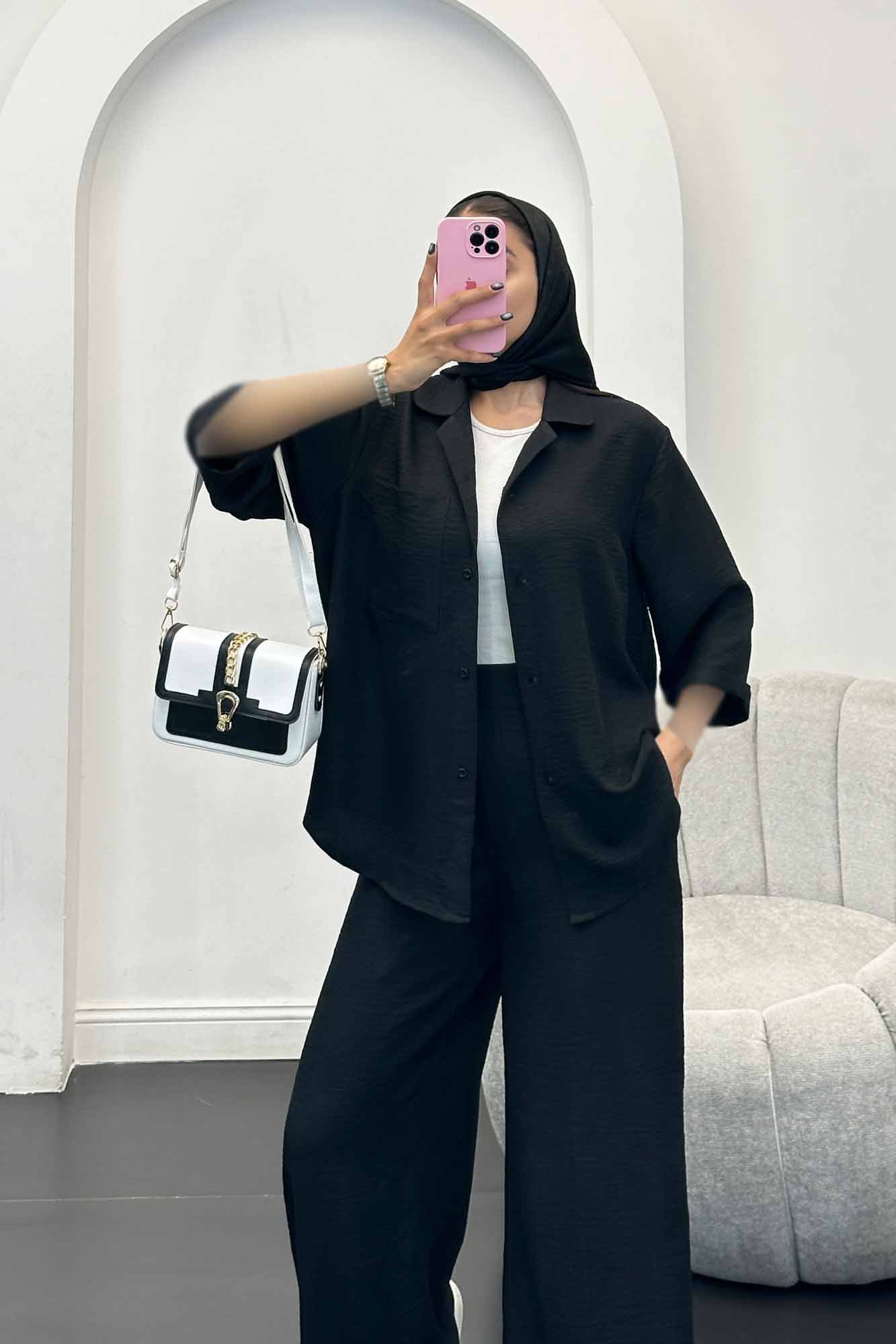 ست مانتو و شلوار شانتون آستین سه رب آرتا