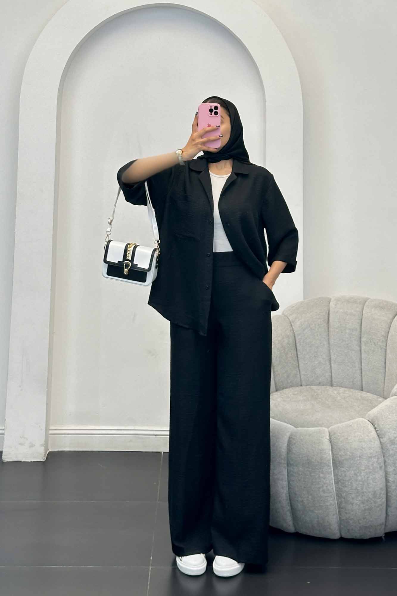 ست مانتو و شلوار شانتون آستین سه رب آرتا