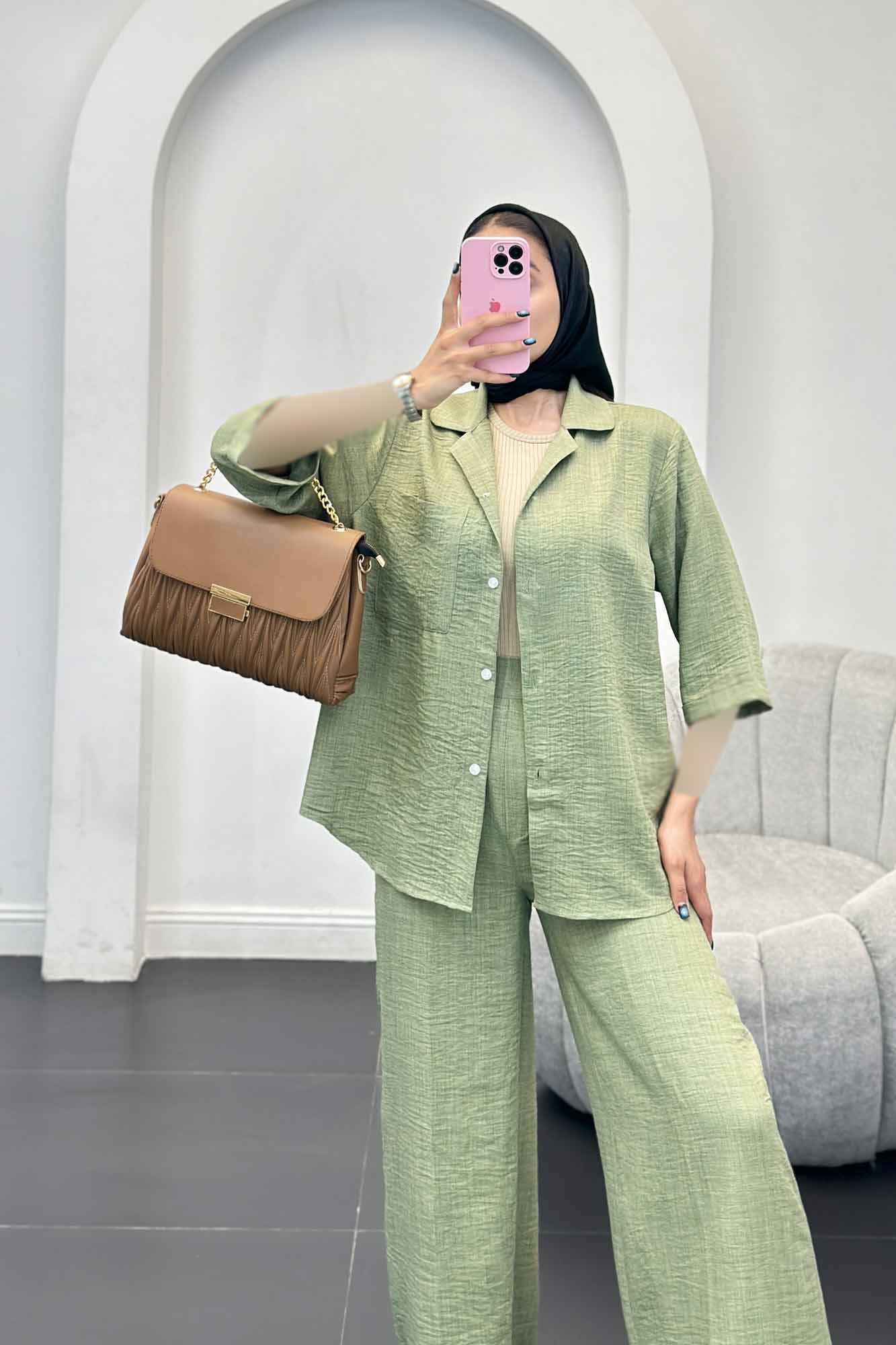 ست مانتو و شلوار شانتون آستین سه رب آرتا