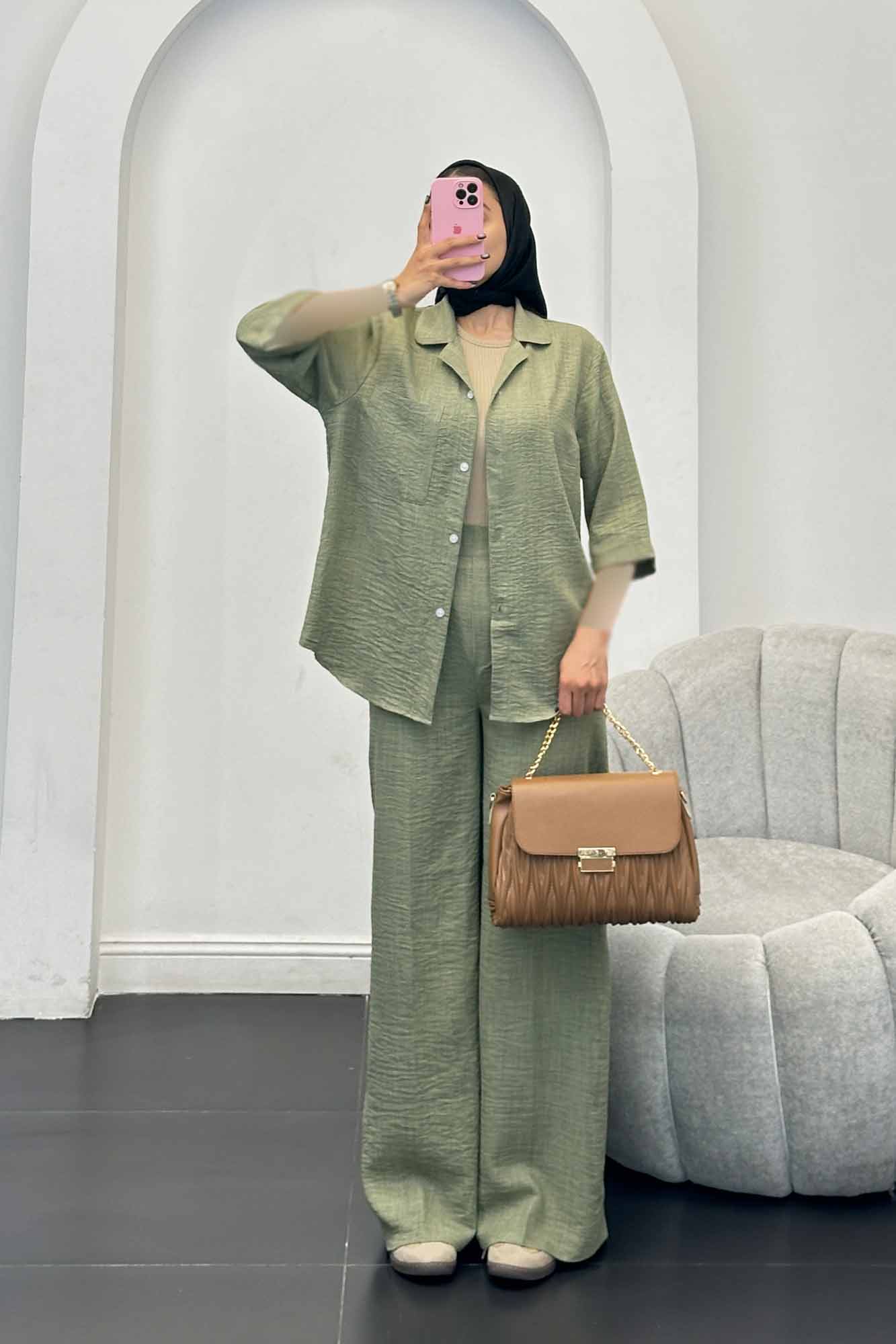 ست مانتو و شلوار شانتون آستین سه رب آرتا