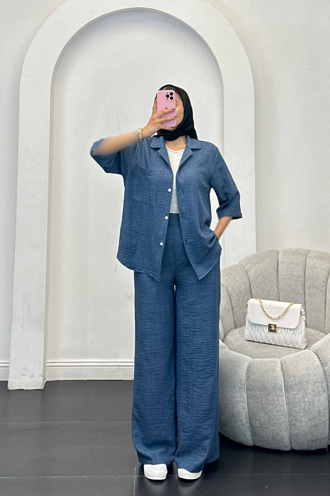 ست مانتو و شلوار شانتون آستین سه رب آرتا