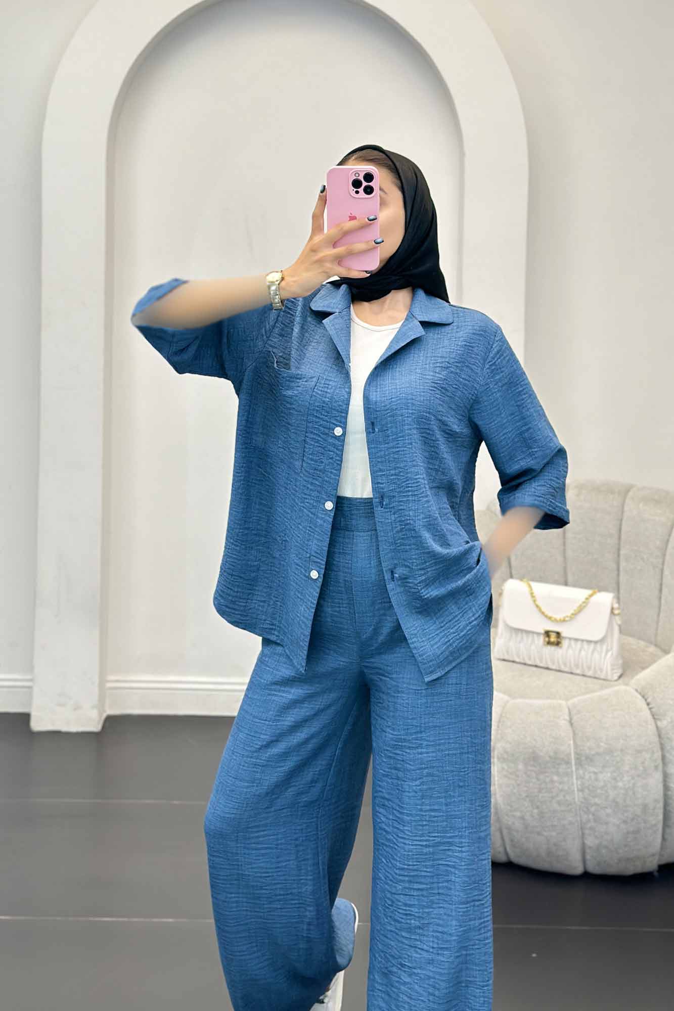 ست مانتو و شلوار شانتون آستین سه رب آرتا