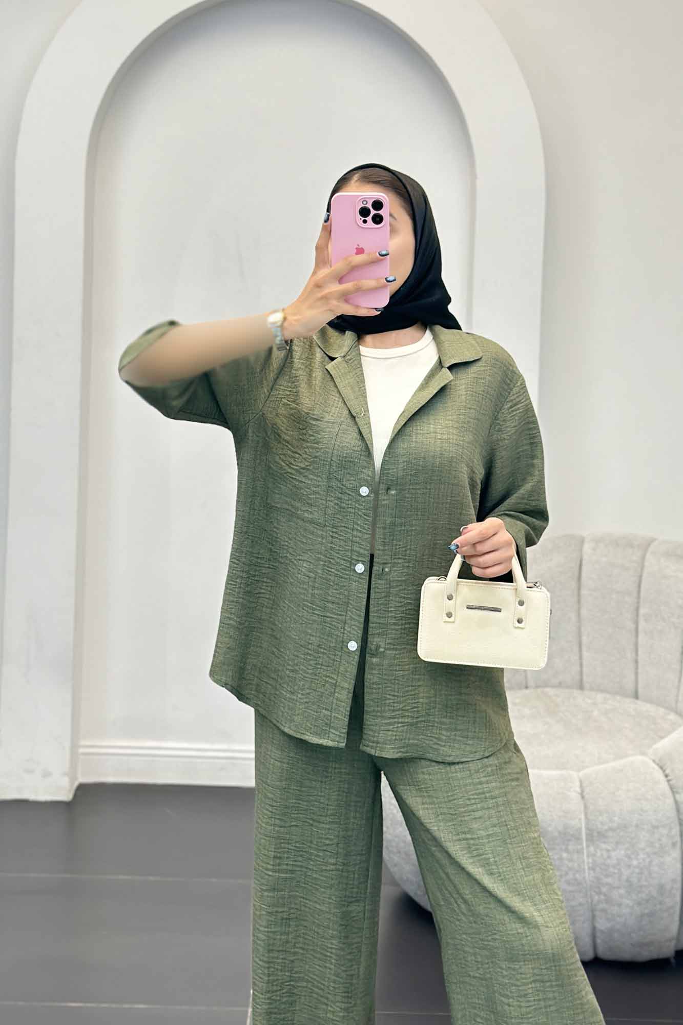 ست مانتو و شلوار شانتون آستین سه رب آرتا