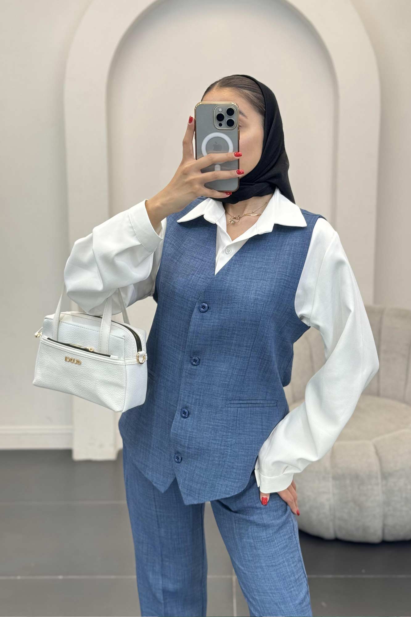 ست جلیقه شلوار شانتون یقه هفت بگ