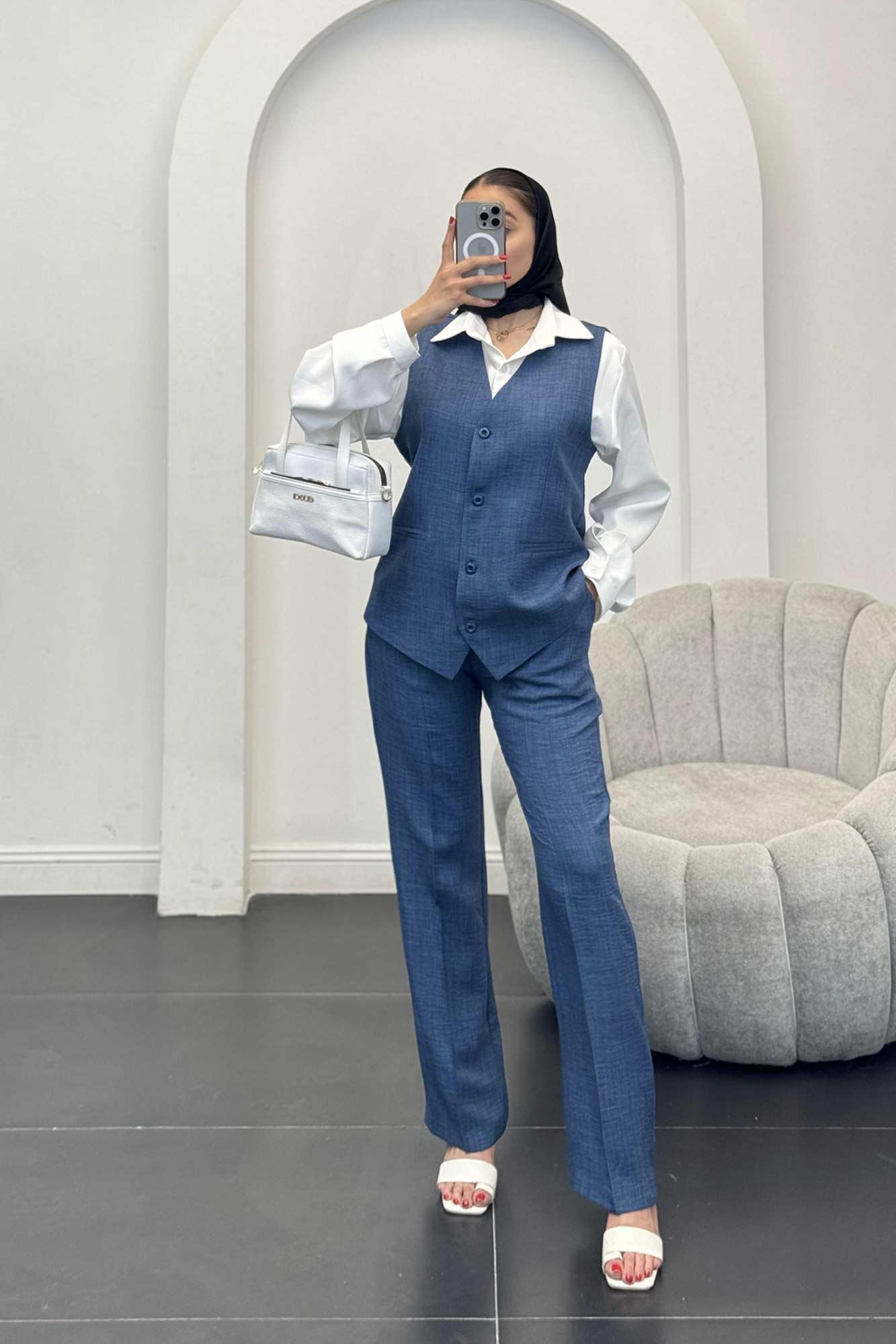 ست جلیقه شلوار شانتون یقه هفت بگ