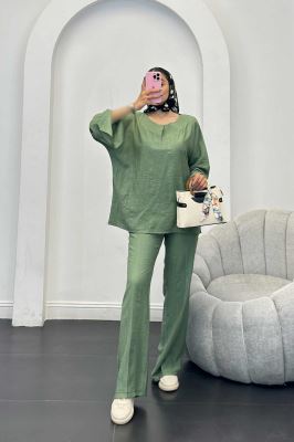 ست مانتو و شلوار یقه هفت کریشه حریر