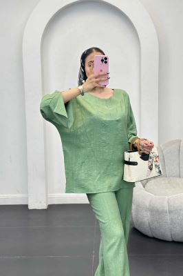 ست مانتو و شلوار یقه هفت کریشه حریر